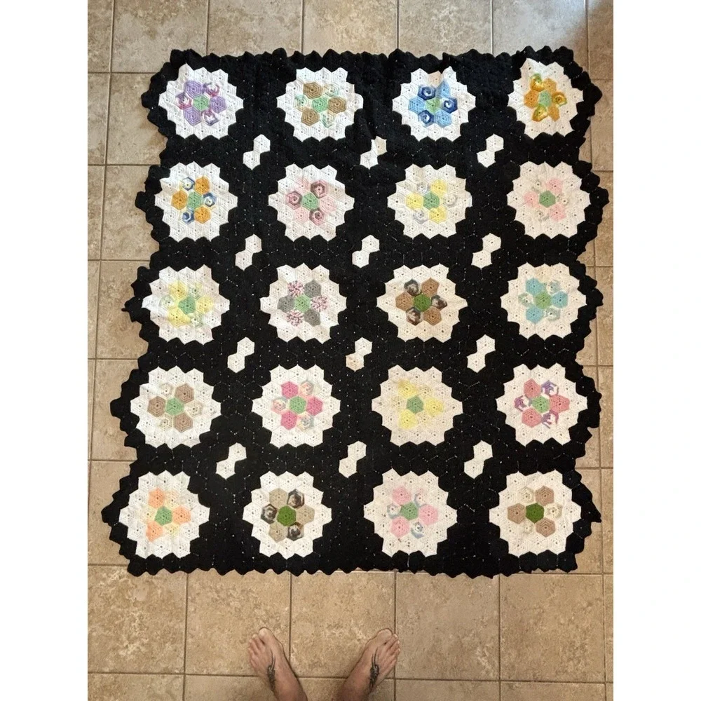Vintage‎ Handmade Crochet Afghan Hexagon Quilt Throw 69x63 Heavy Grandma Cottage